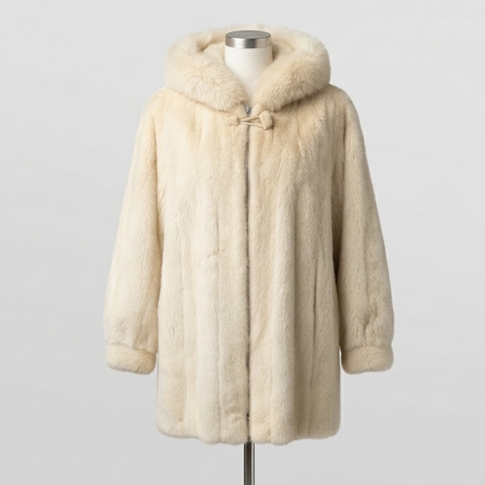 VINTAGE Bespoke White Mink Fur Parka with Hood – Size L – Luxury Red Lining